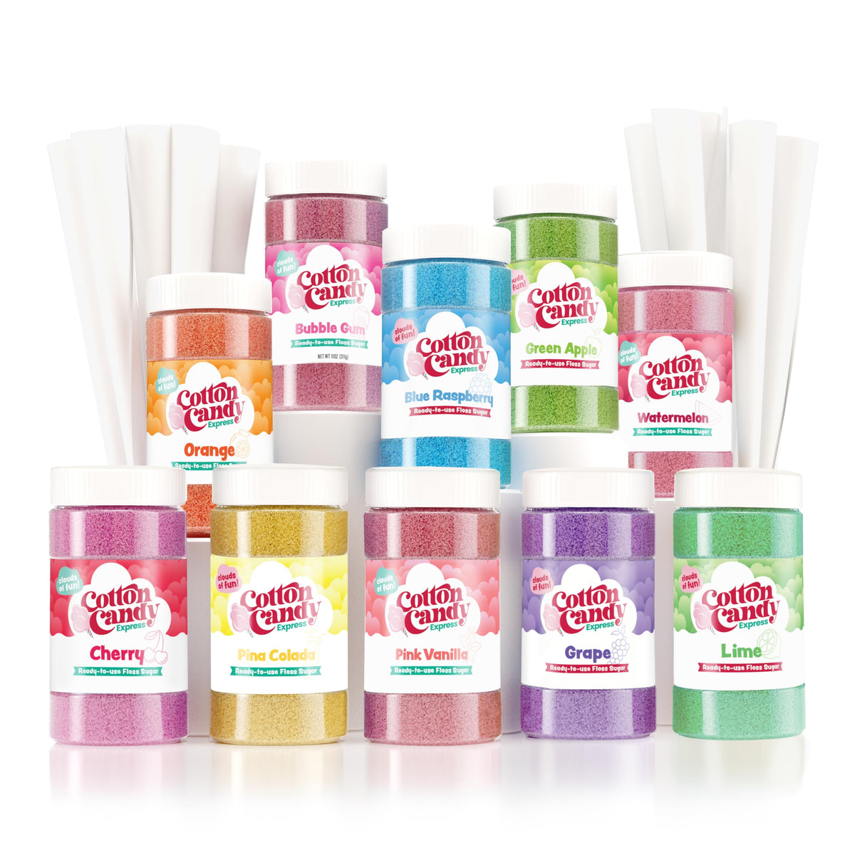 Cotton Candy Express: jarros de azúcar 11 oz con variedad para algodón de azúcar.