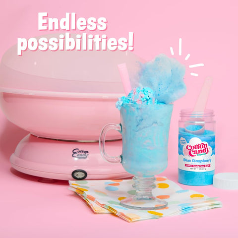 Cotton Candy Express: tarros 11 oz y conos para máquina de mostrador, ideal para fiestas.