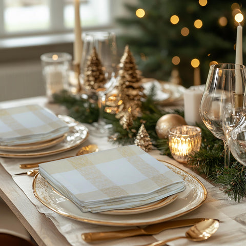 patrón cuadriculado blanco y dorado para cenas navideñas y festivas.