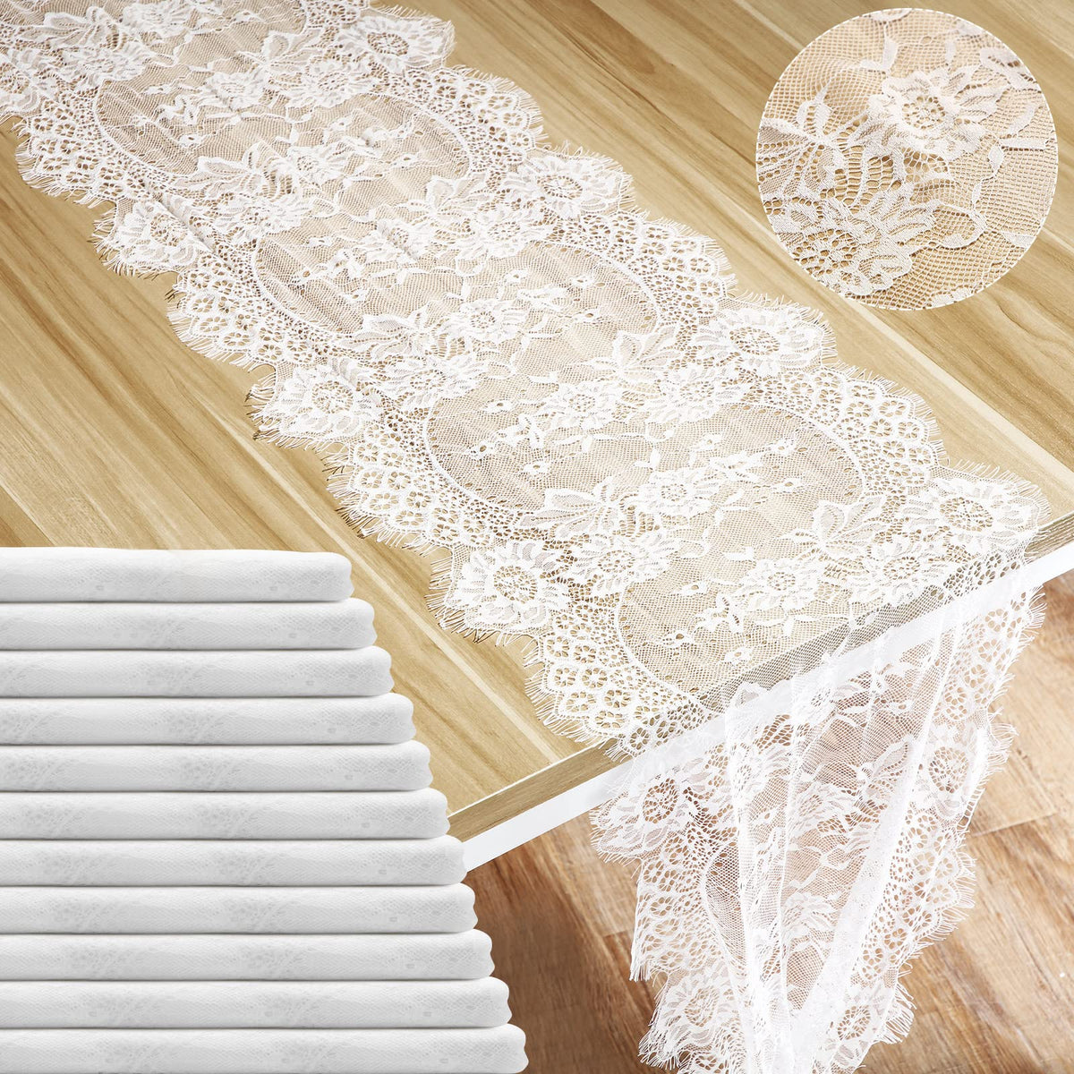 Corredor de mesa Coume, encaje blanco con rosas bordadas, ideal para bodas.