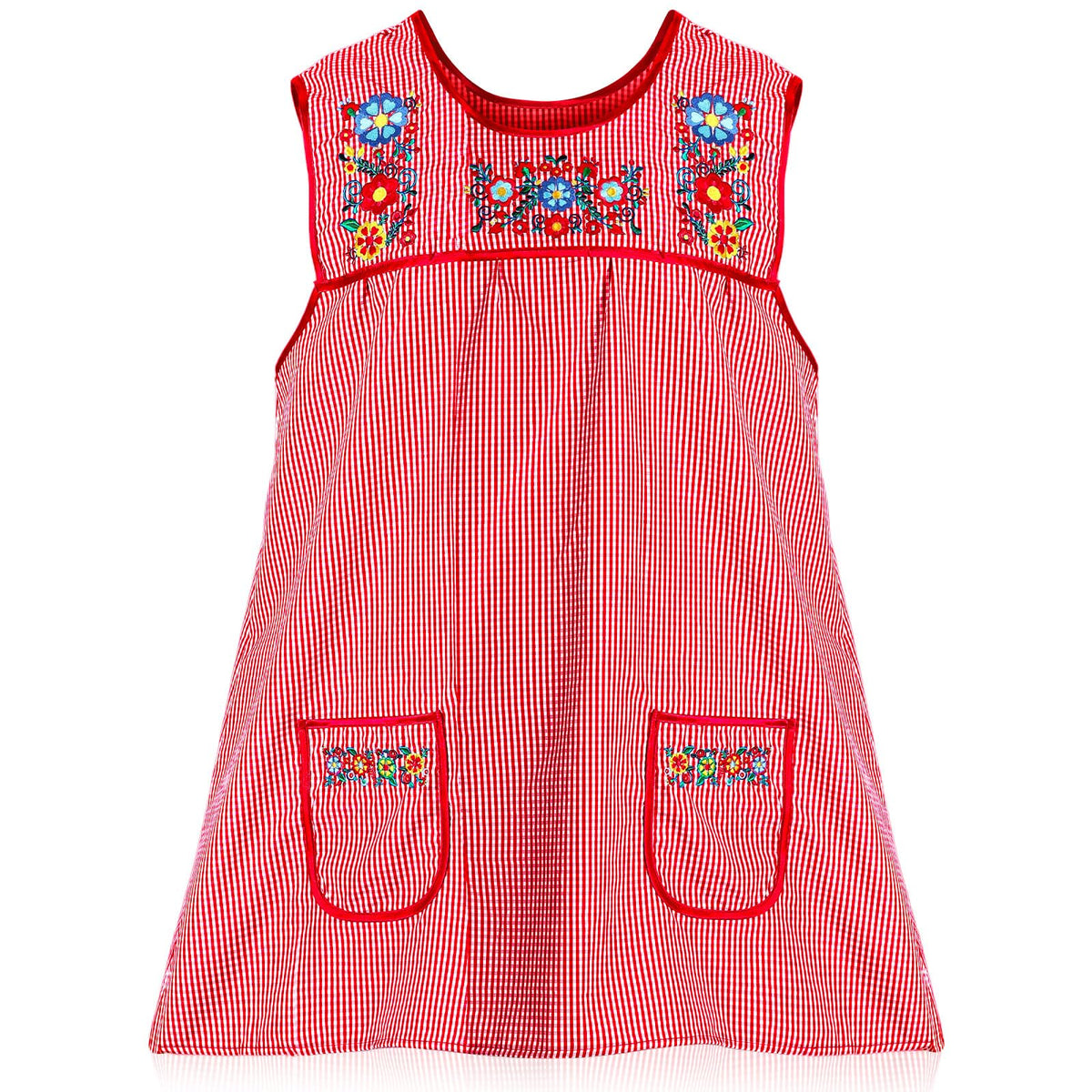 Delantal Coume mexicano tradicional con bordado floral rojo, ideal para cocinar con estilo.