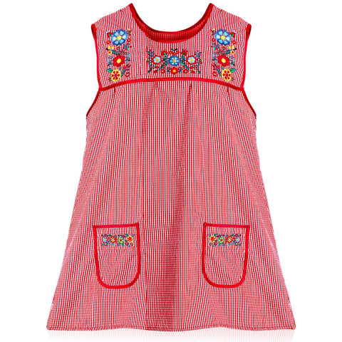 Delantal Coume mexicano tradicional con bordado floral rojo, ideal para cocinar con estilo.