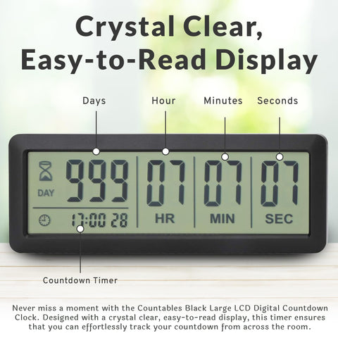 Countables temporizador digital con pantalla de cristal líquido para planificar vacaciones y eventos.