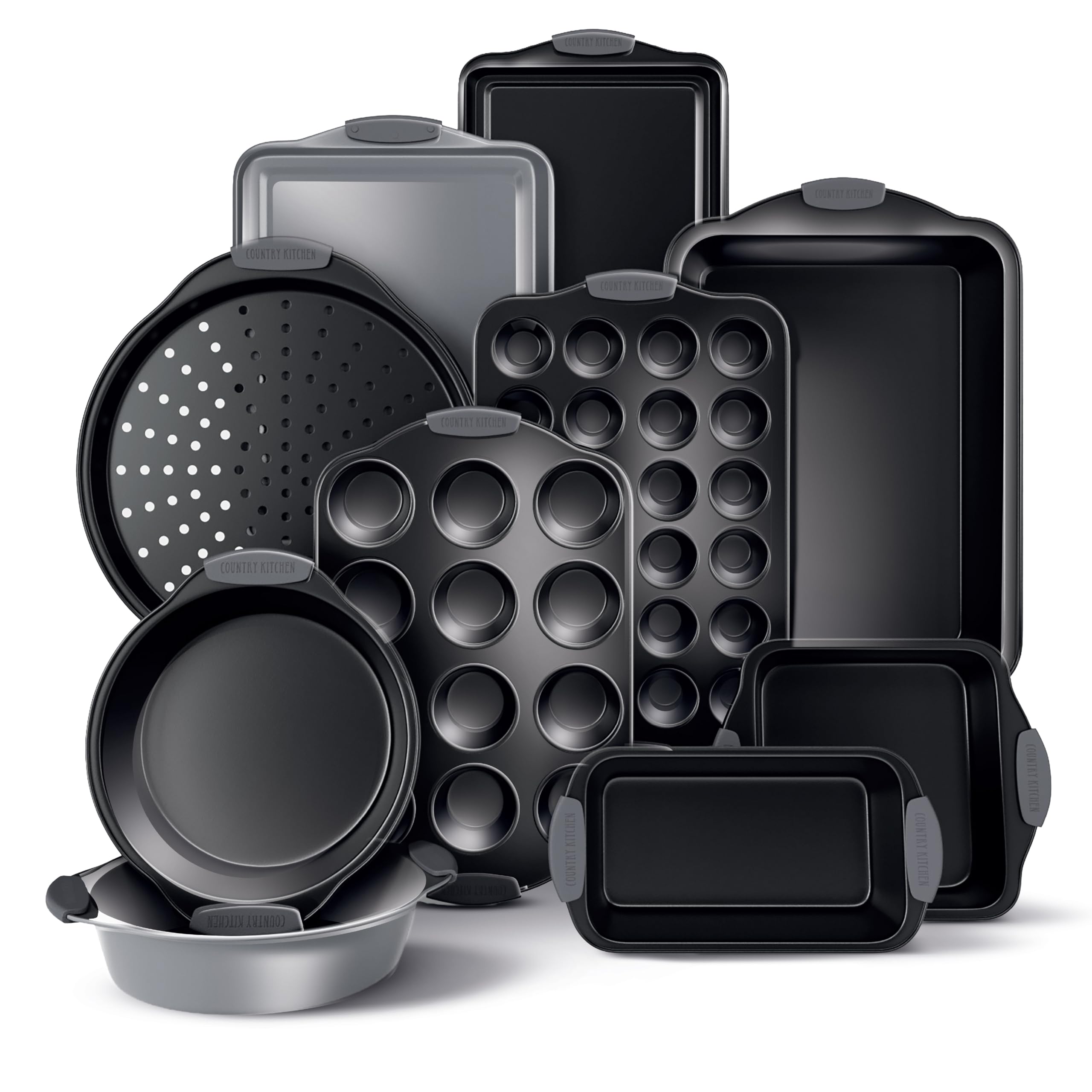 Country Kitchen: bandejas antiadherentes apilables en gris para optimizar almacenamiento.