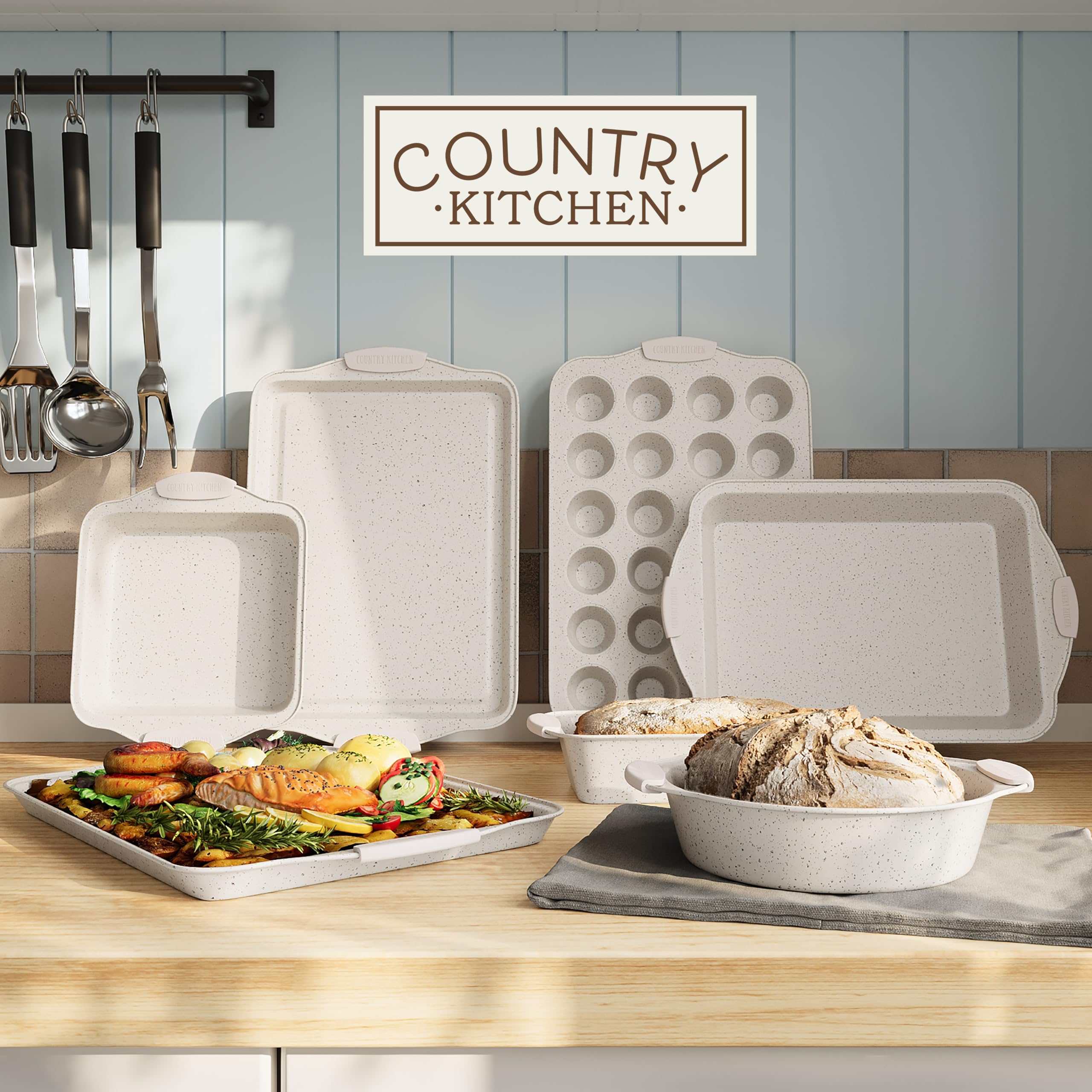 Country Kitchen juego apilables antiadherentes crema, óptimo para almacenamiento compacto.