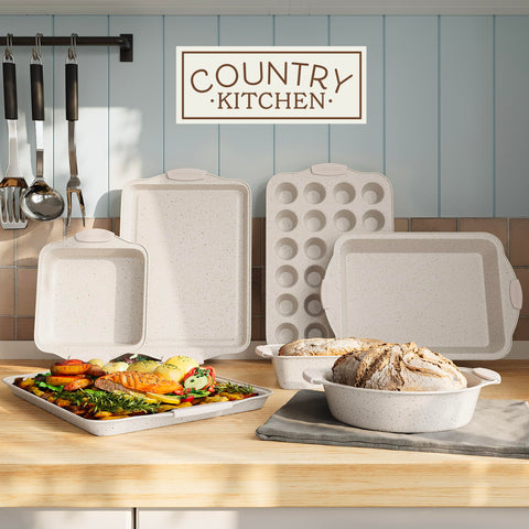 Country Kitchen juego apilables antiadherentes crema, óptimo para almacenamiento compacto.