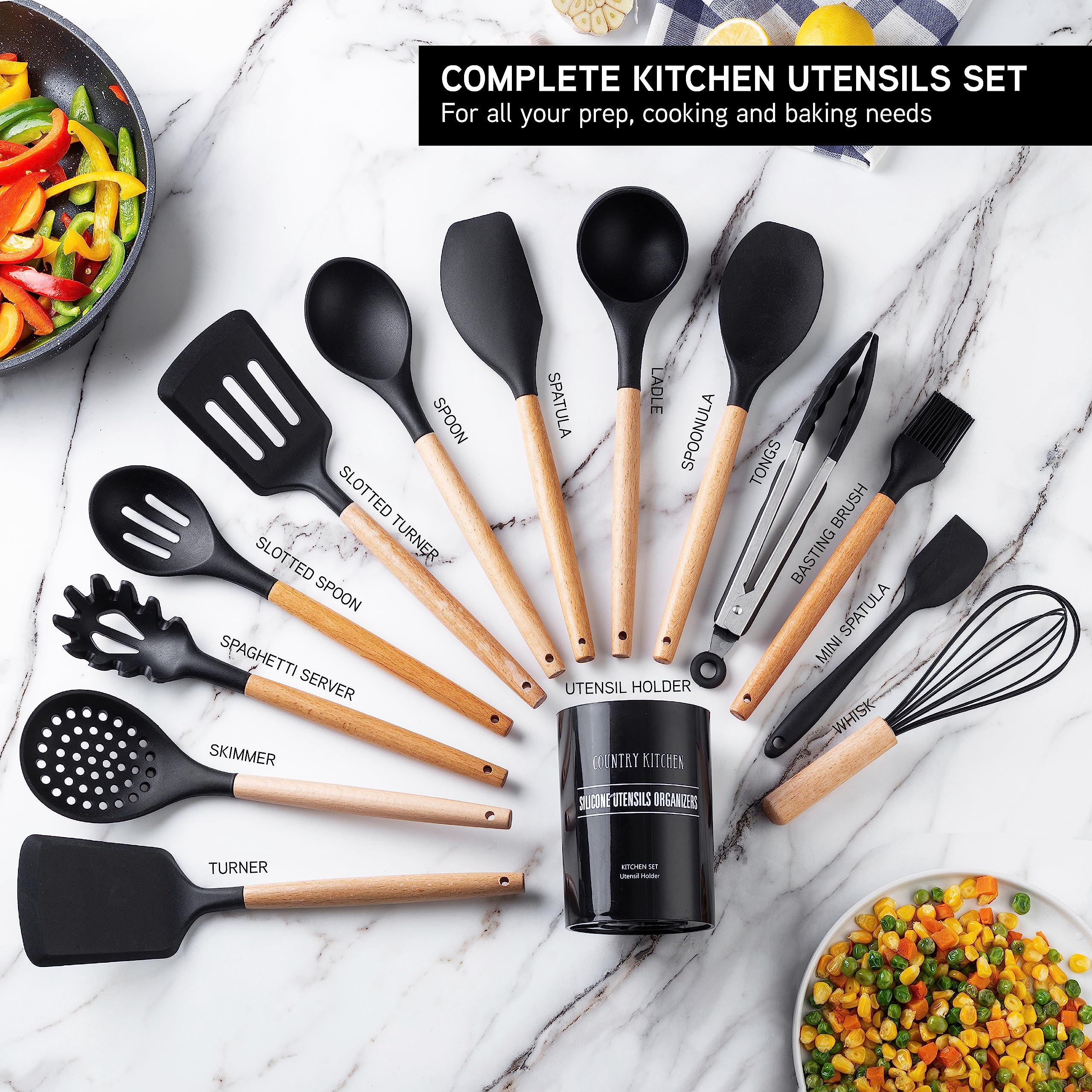 Country Kitchen cuchara de silicona con mango de madera, cómodo para uso diario