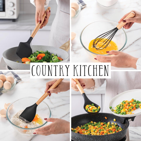 Country Kitchen espátula de silicona con mango de madera, apta para sartenes antiadherentes