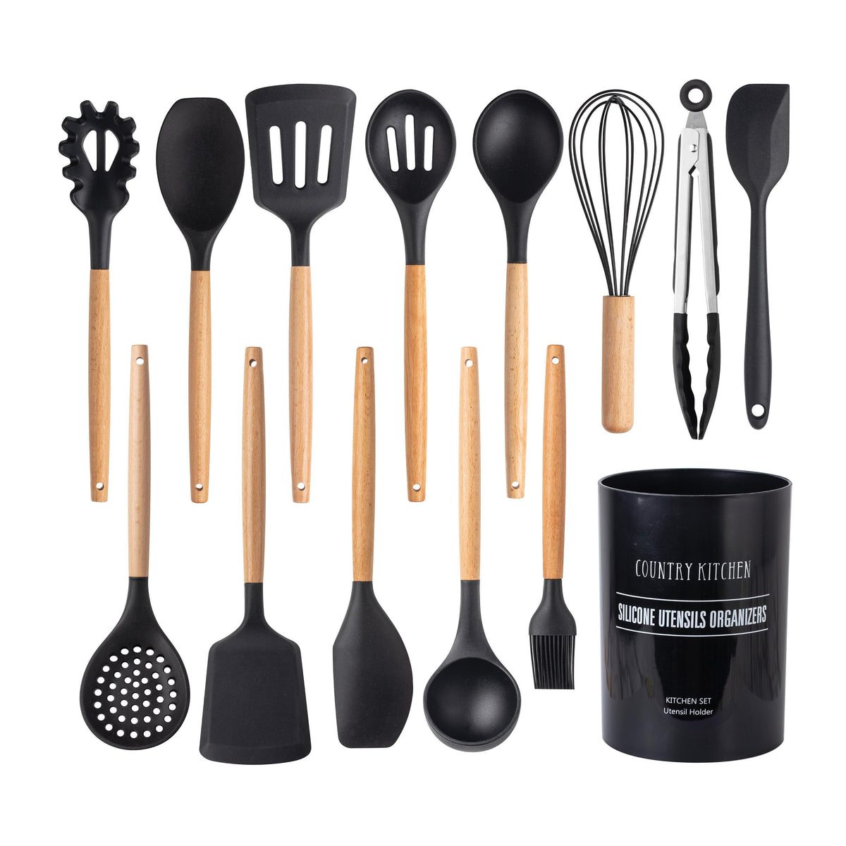 Country Kitchen juego completo de utensilios de silicona para cocinar y hornear, negro