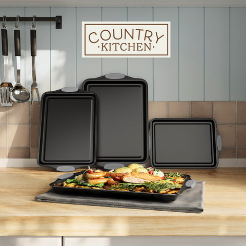 Country Kitchen mango de silicona seguro para manipular bandejas calientes.