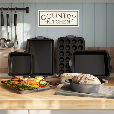 Country Kitchen: mangos de silicona ergonómicos para agarre seguro al manipular bandejas.