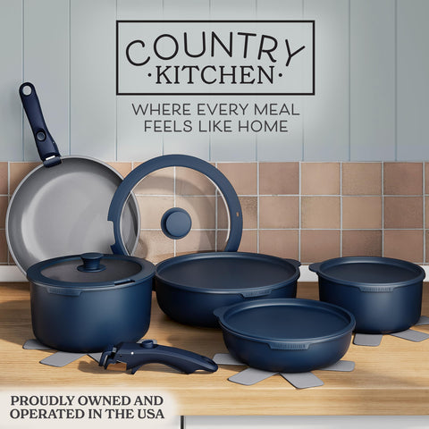 Country Kitchen ollas apilables en denim para almacenamiento eficiente.