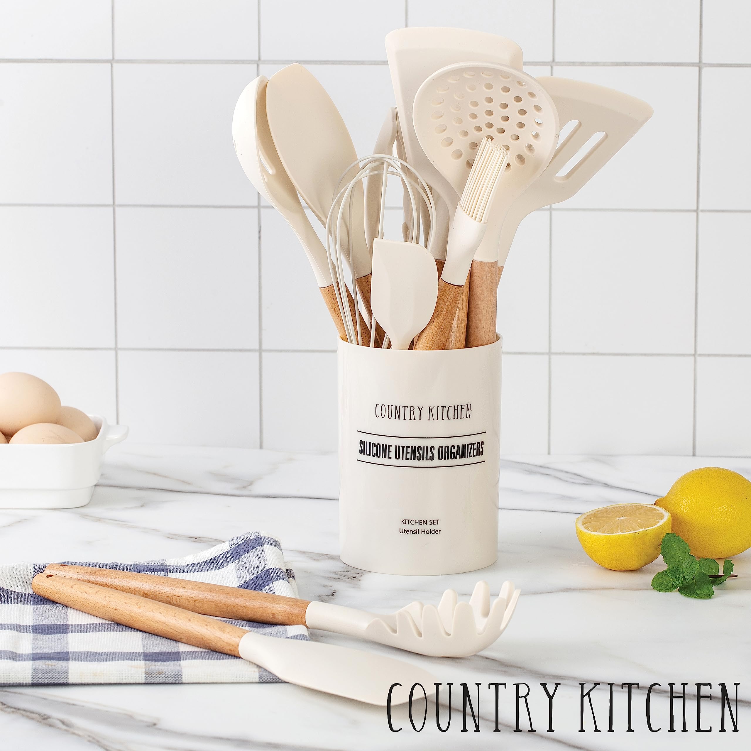 Country Kitchen utensilios resistentes al calor hasta 450°F para uso seguro.