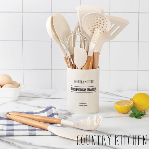 Country Kitchen utensilios resistentes al calor hasta 450°F para uso seguro.