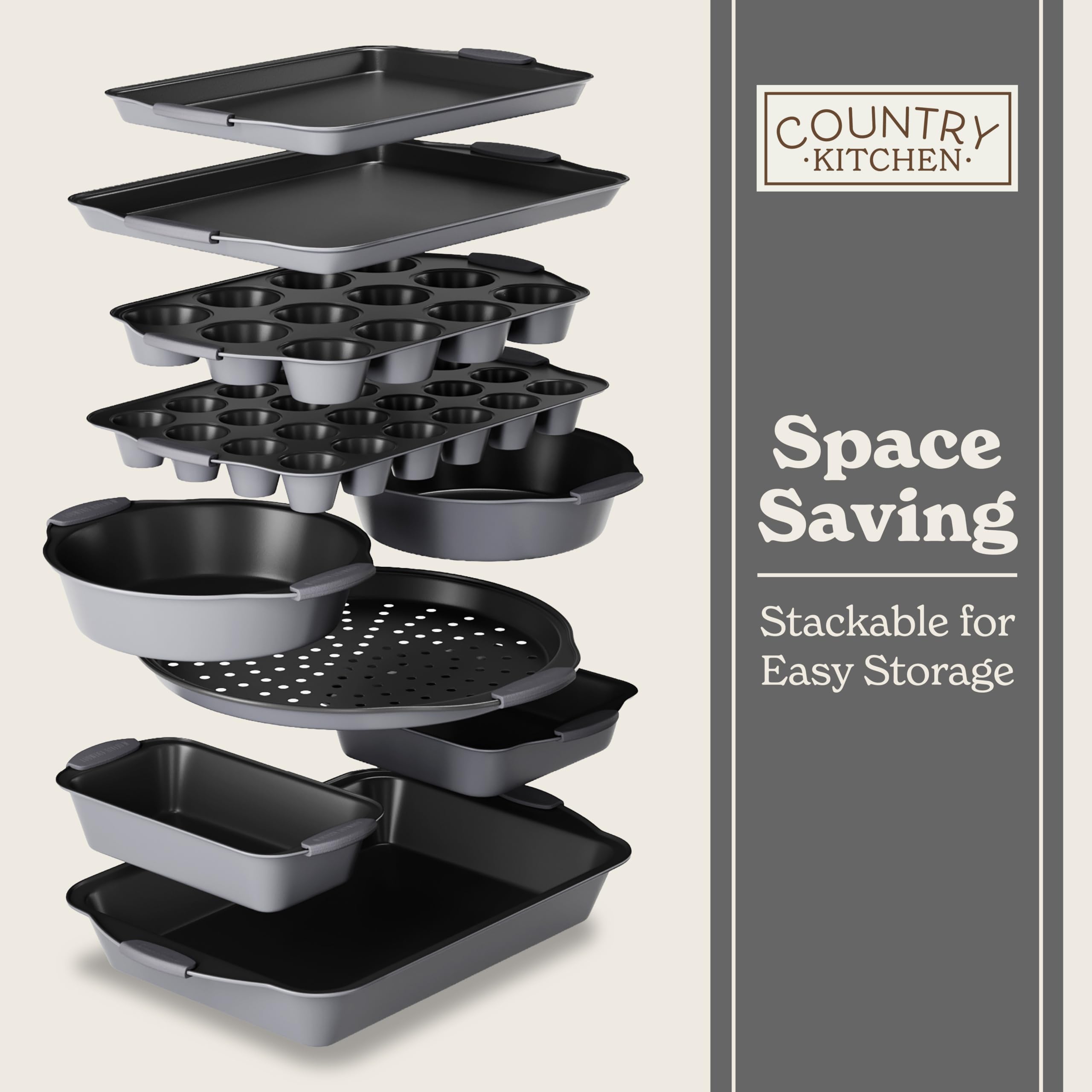 Country Kitchen: juego completo para hornear con 10 piezas en gris elegante.