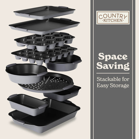 Country Kitchen: juego completo para hornear con 10 piezas en gris elegante.