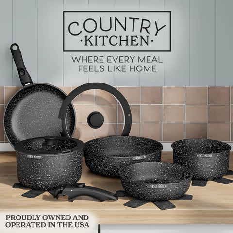 Country Kitchen Set ollas apilables para ahorro de espacio en la cocina.