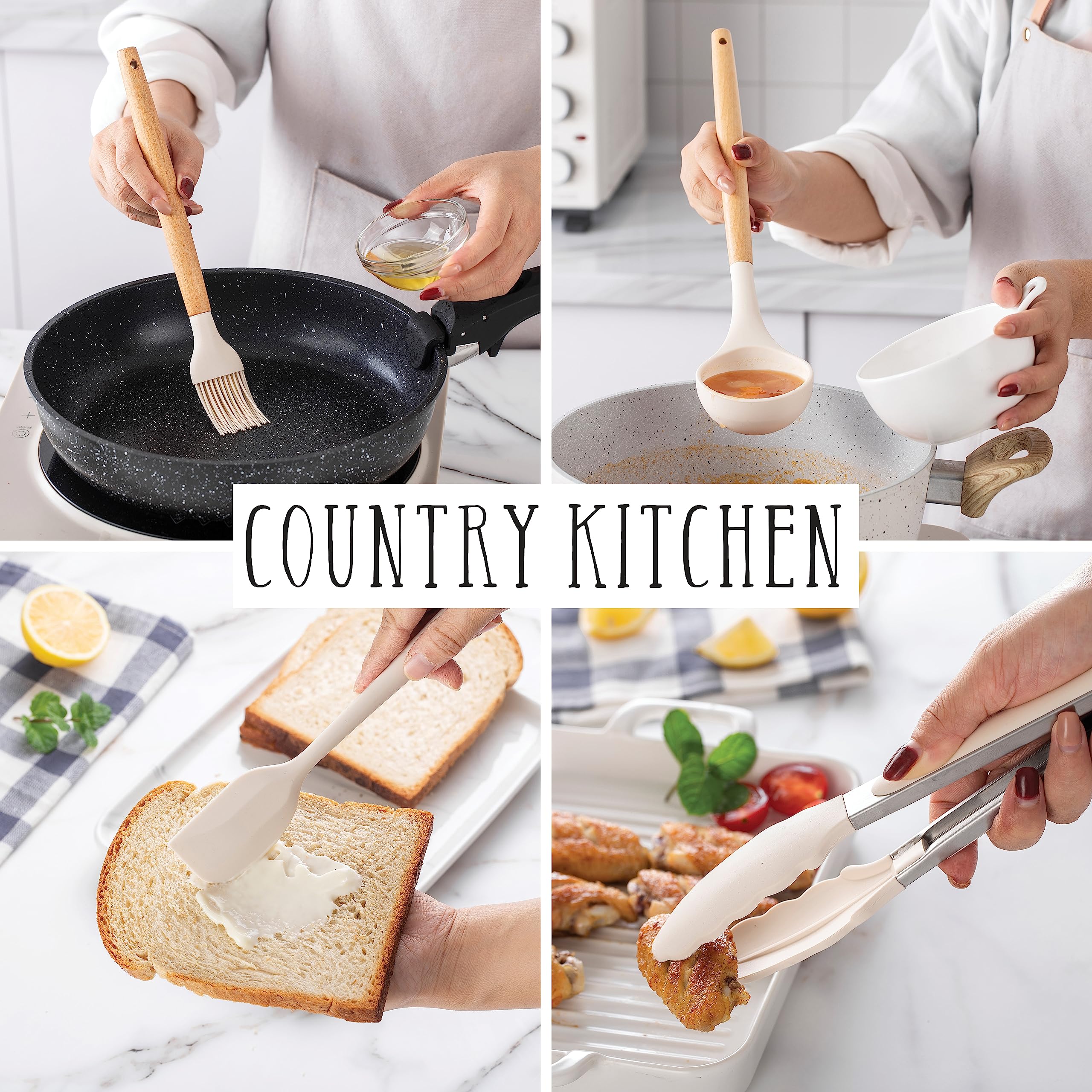 Country Kitchen utensilios en soporte de madera para almacenamiento práctico y elegante.