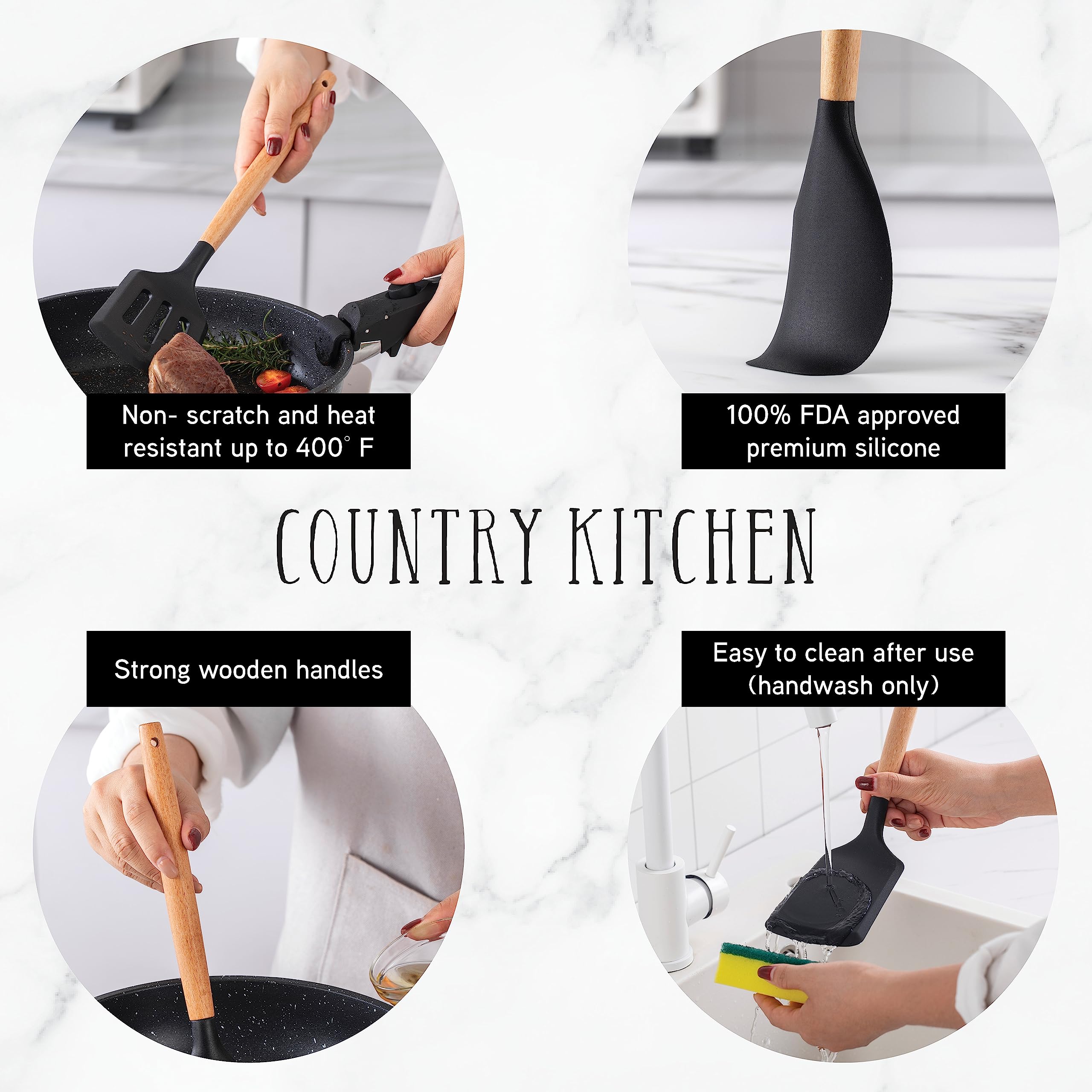 Country Kitchen volteador de silicona con mango de madera para voltear con control