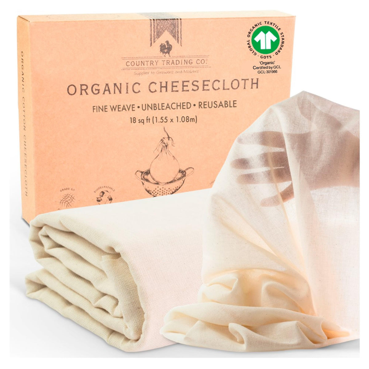 Country Trading Co gasa de queso orgánica, 18 pies cuadrados, ideal para filtrados caseros.