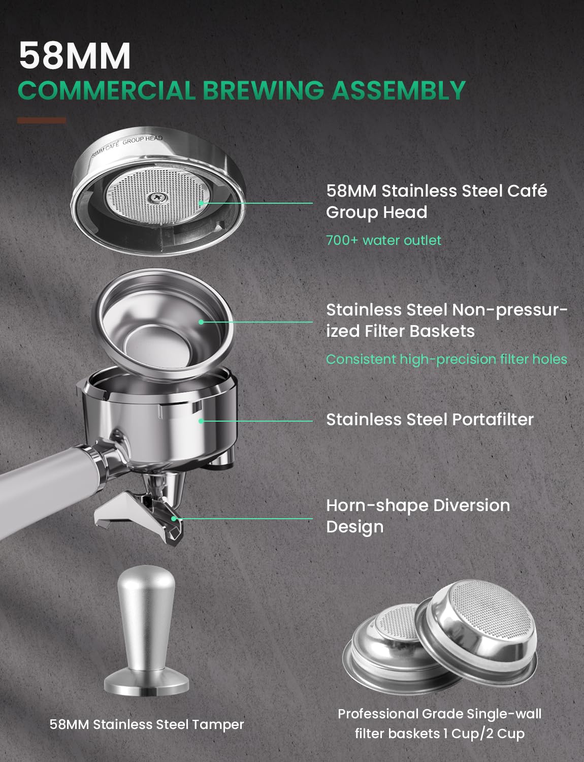 COUPLUX cabezal 58mm inoxidable para extracción estable