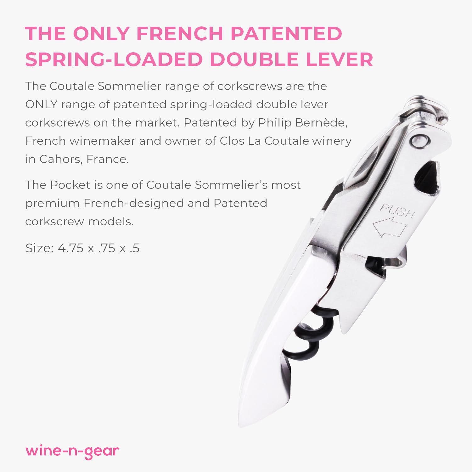 Coutale Sommelier Pocket Prestige espiral teflonada facilita giros suaves y menos esfuerzo.