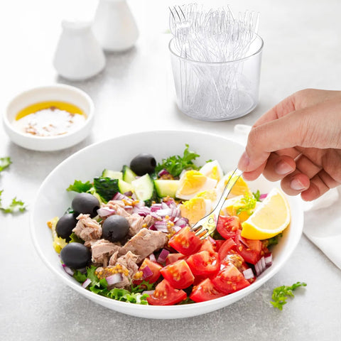Covzoe mini tenedores desechables claros, diseño elegante para mesa de postres
