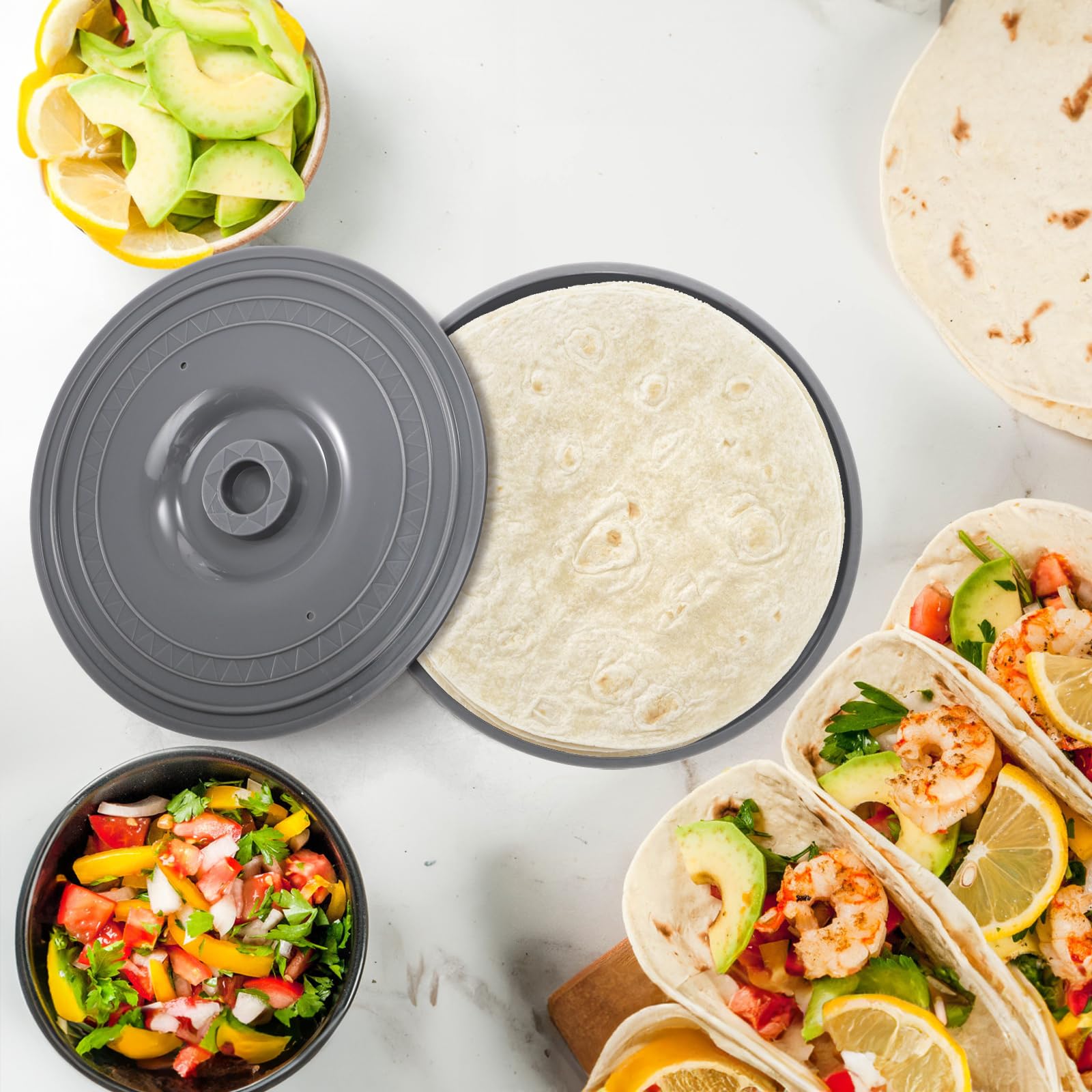 Covzoe porta-tortillas gris, fácil de limpiar y reutilizable.