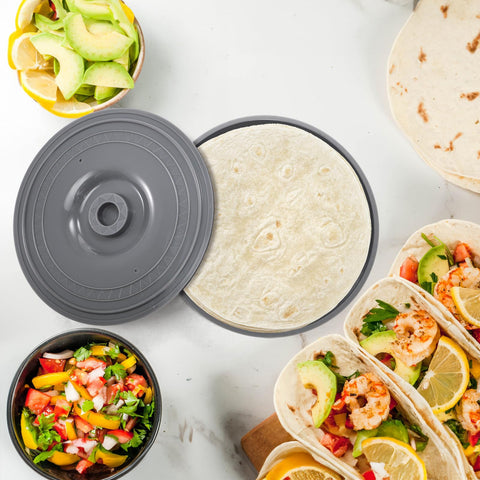 Covzoe porta-tortillas gris, fácil de limpiar y reutilizable.