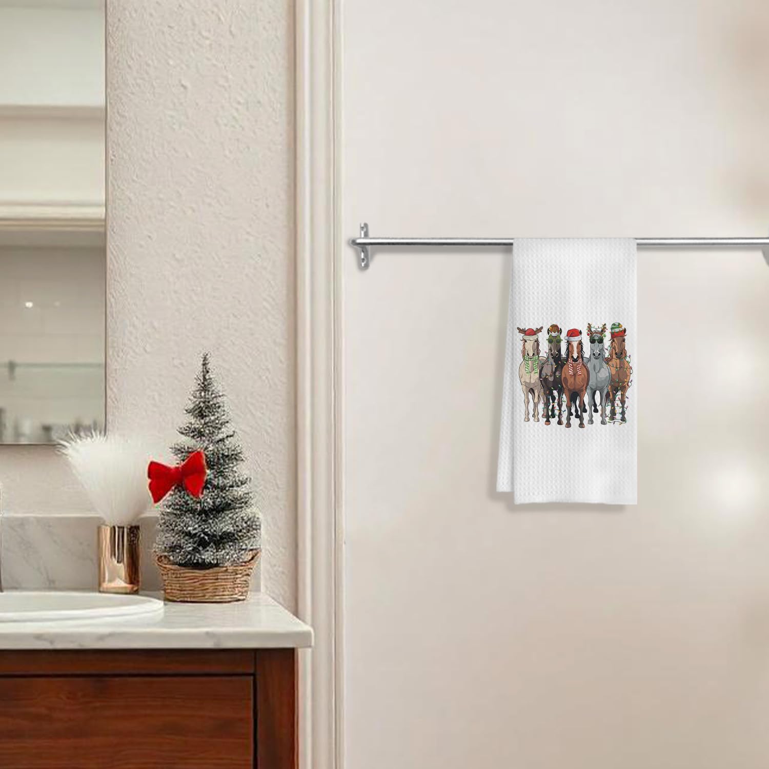 Toallas de cocina navideñas con caballo, marca COWEB, útiles para secar y presentar en la mesa.