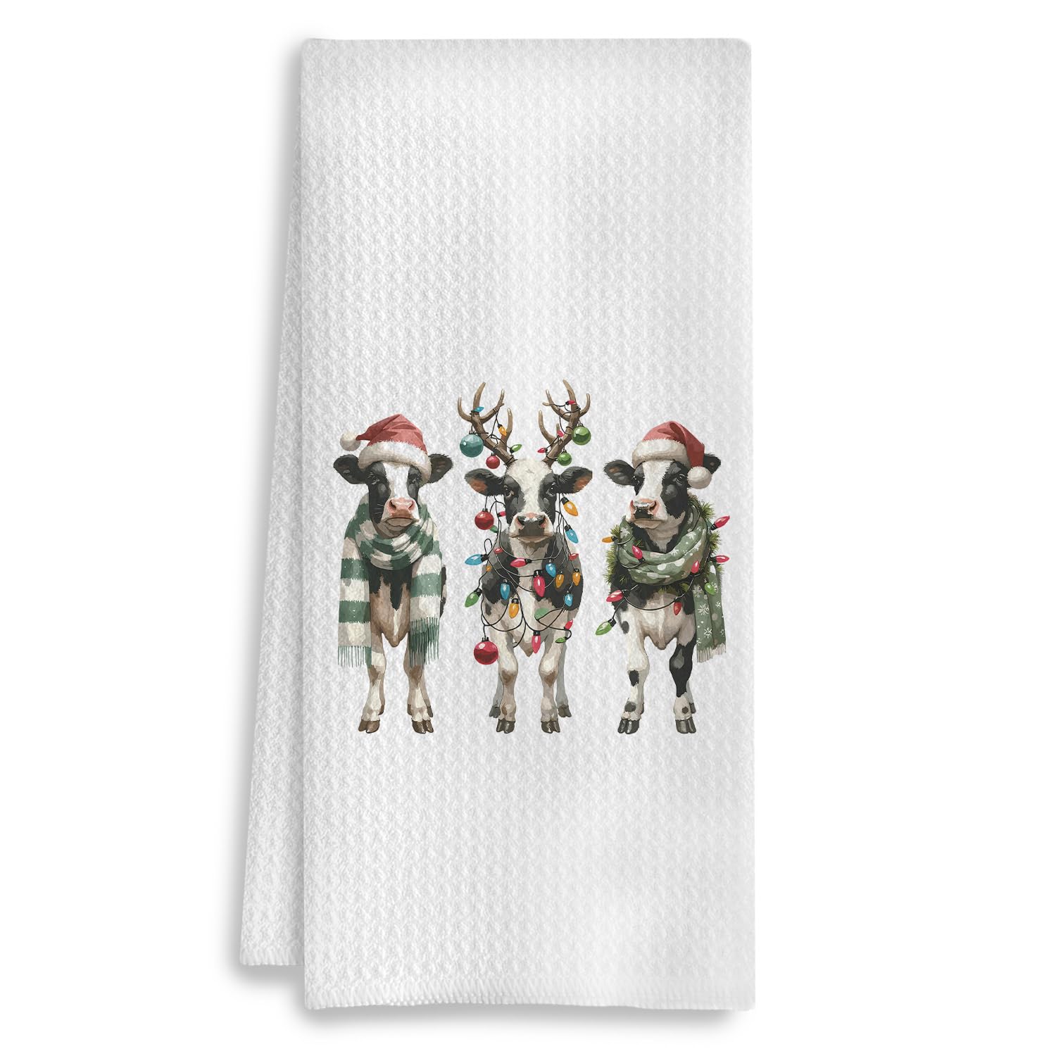 Toalla de cocina COWEB con vaca navideña, ideal para secado rápido y decoración festiva.