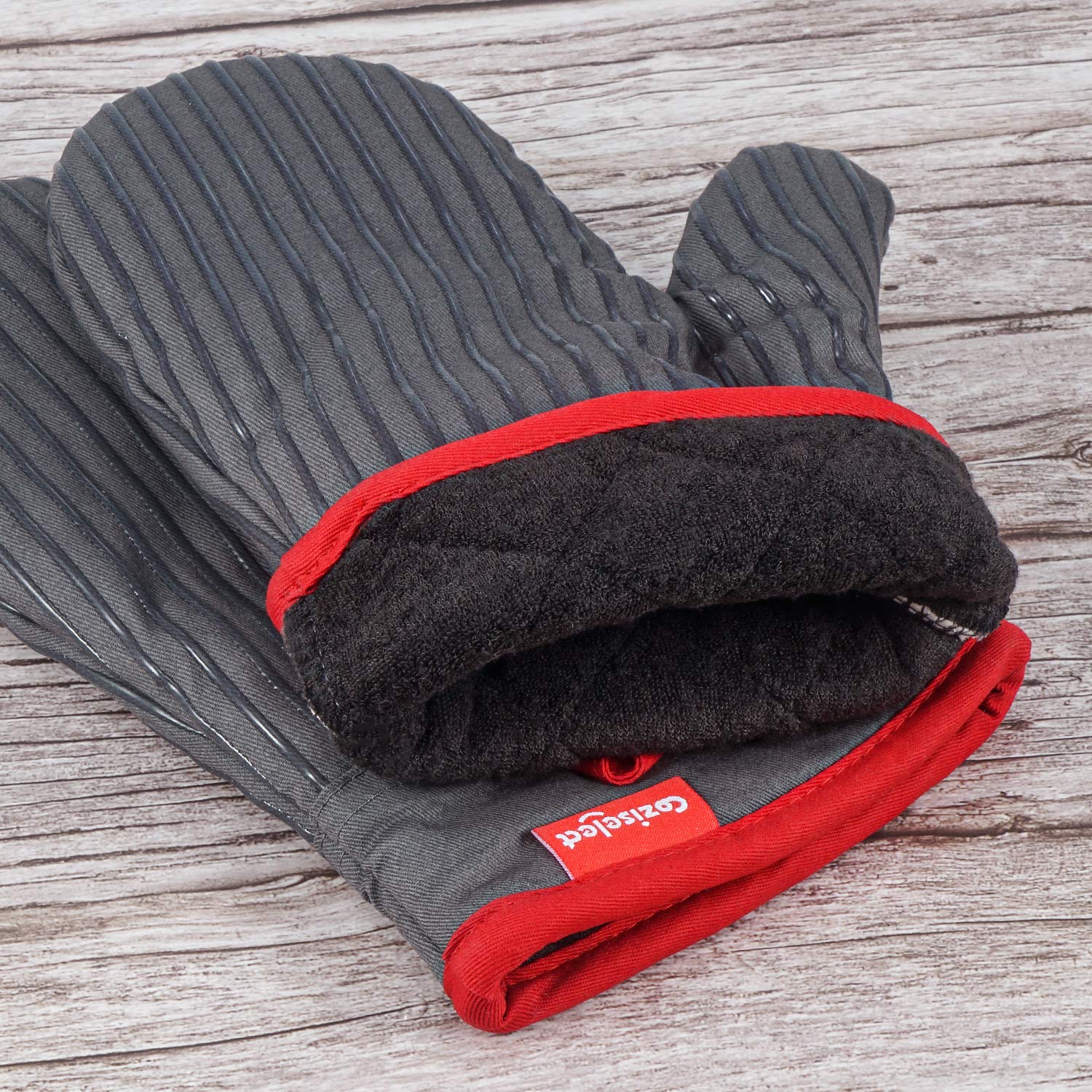 Coziselect guantes-horno-detalle-antideslizante: tiras de silicona para agarre seguro.