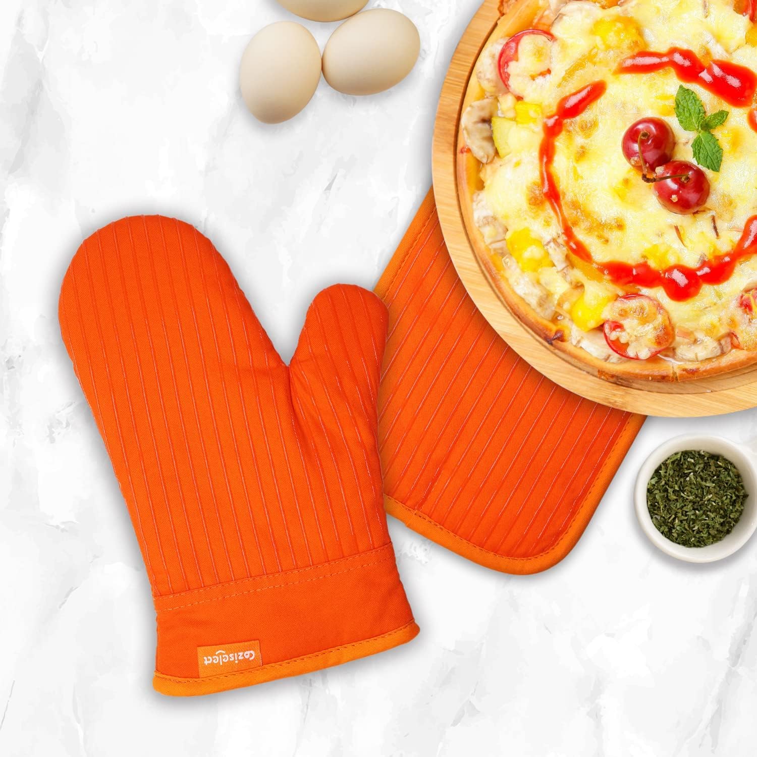 Guantes resistentes al calor Coziselect en naranja para horno seguro.