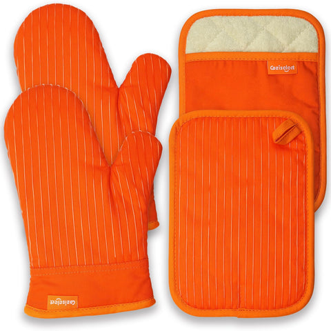 Manoplas de horno Coziselect en naranja para manejo seguro de ollas calientes.
