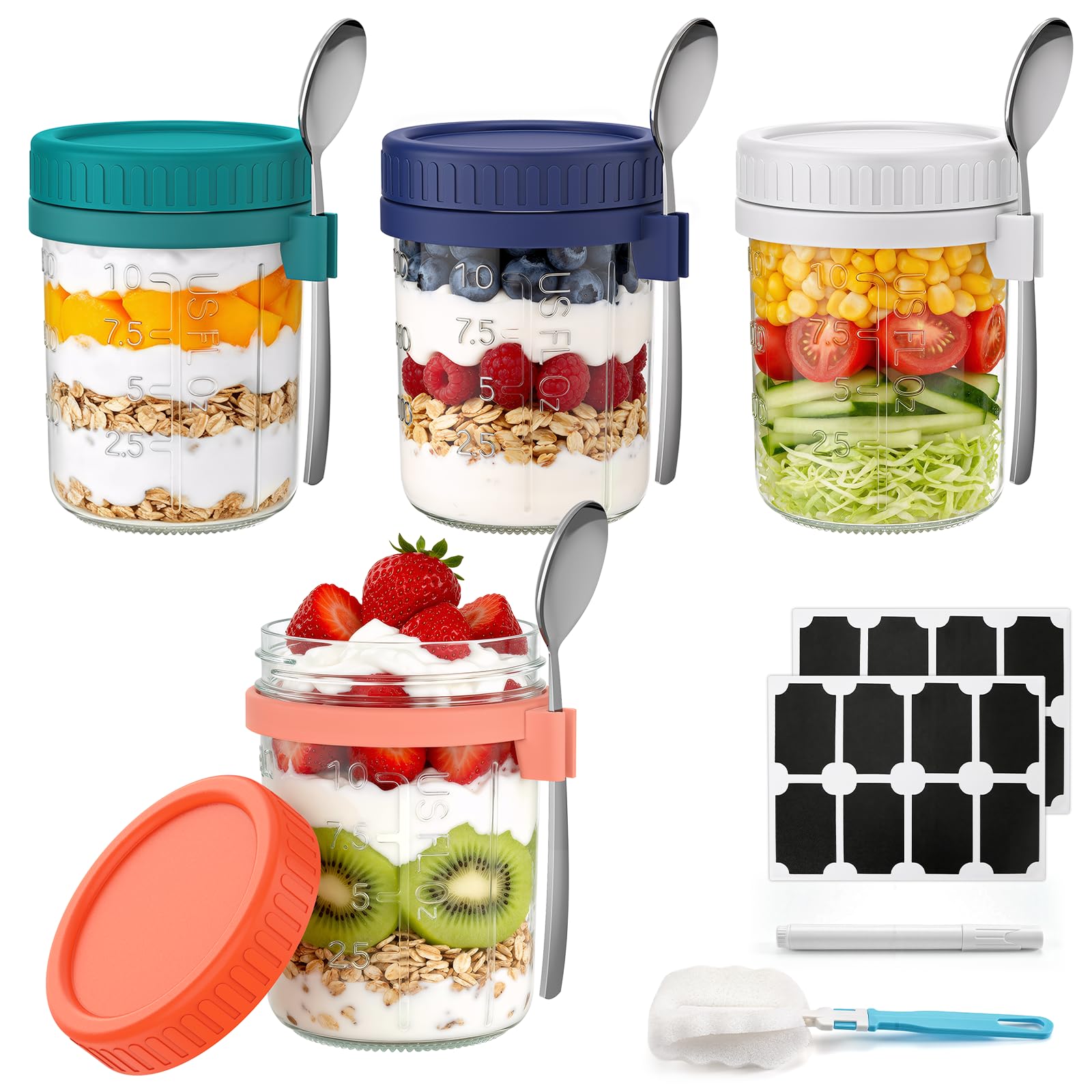 Cozyverge conjunto de 4 frascos 16 onzas con tapas y cucharas para desayunos