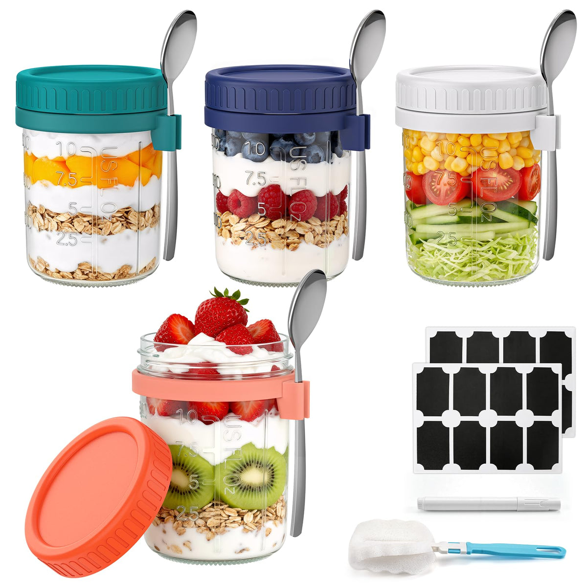 Cozyverge conjunto de 4 frascos 16 onzas con tapas y cucharas para desayunos