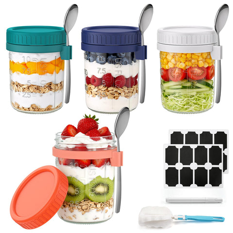 Cozyverge conjunto de 4 frascos 16 onzas con tapas y cucharas para desayunos