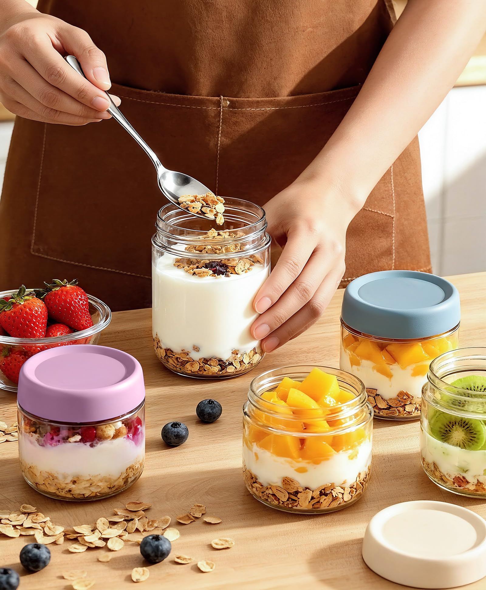 Cozyverge jarras de vidrio 16oz para ensaladas y yogur, frescas y listas para comer.