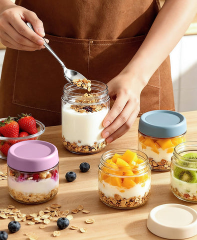 Cozyverge jarras de vidrio 16oz para ensaladas y yogur, frescas y listas para comer.