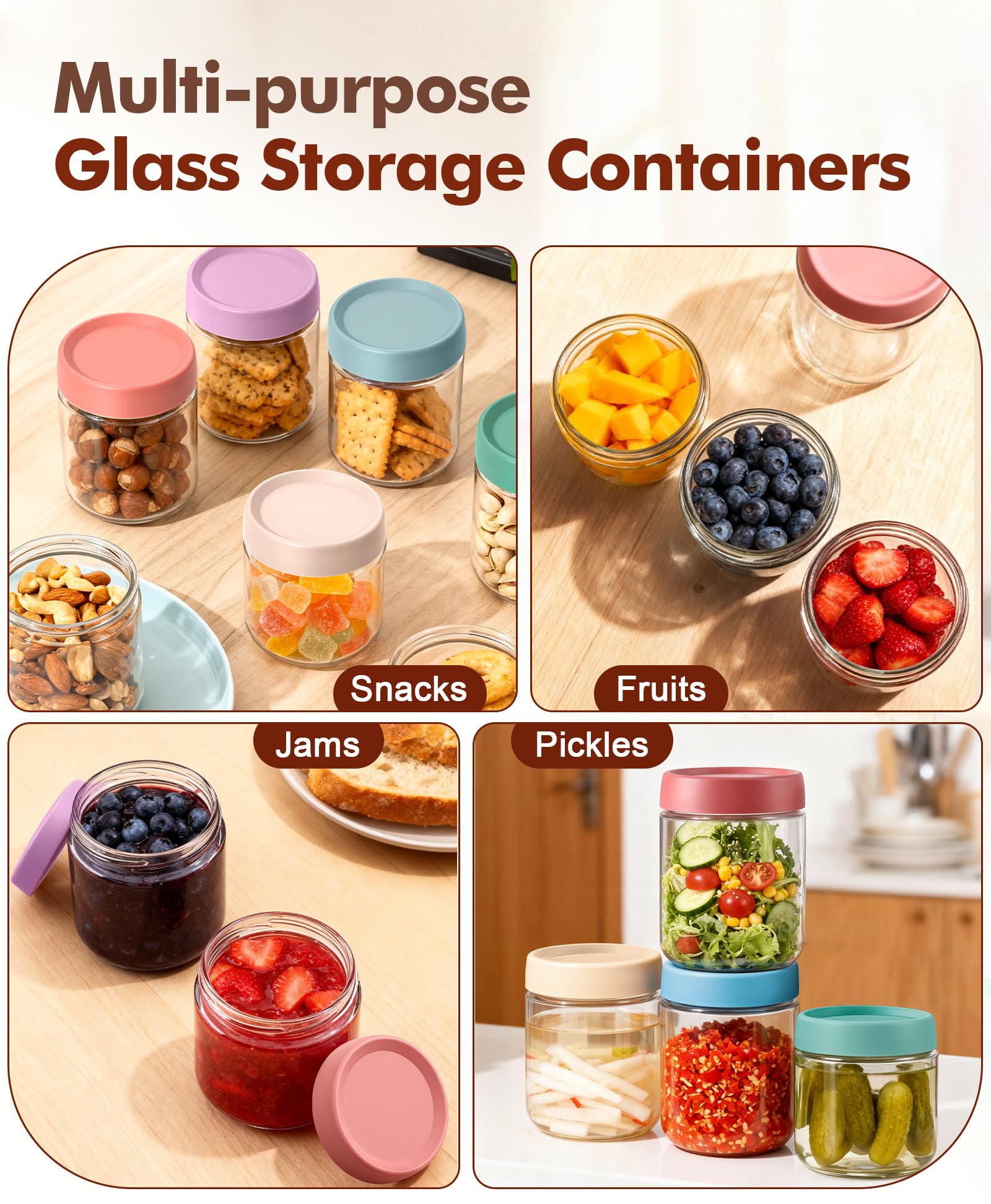Cozyverge jarras de vidrio 16oz uso multifuncional para snacks y condimentos.