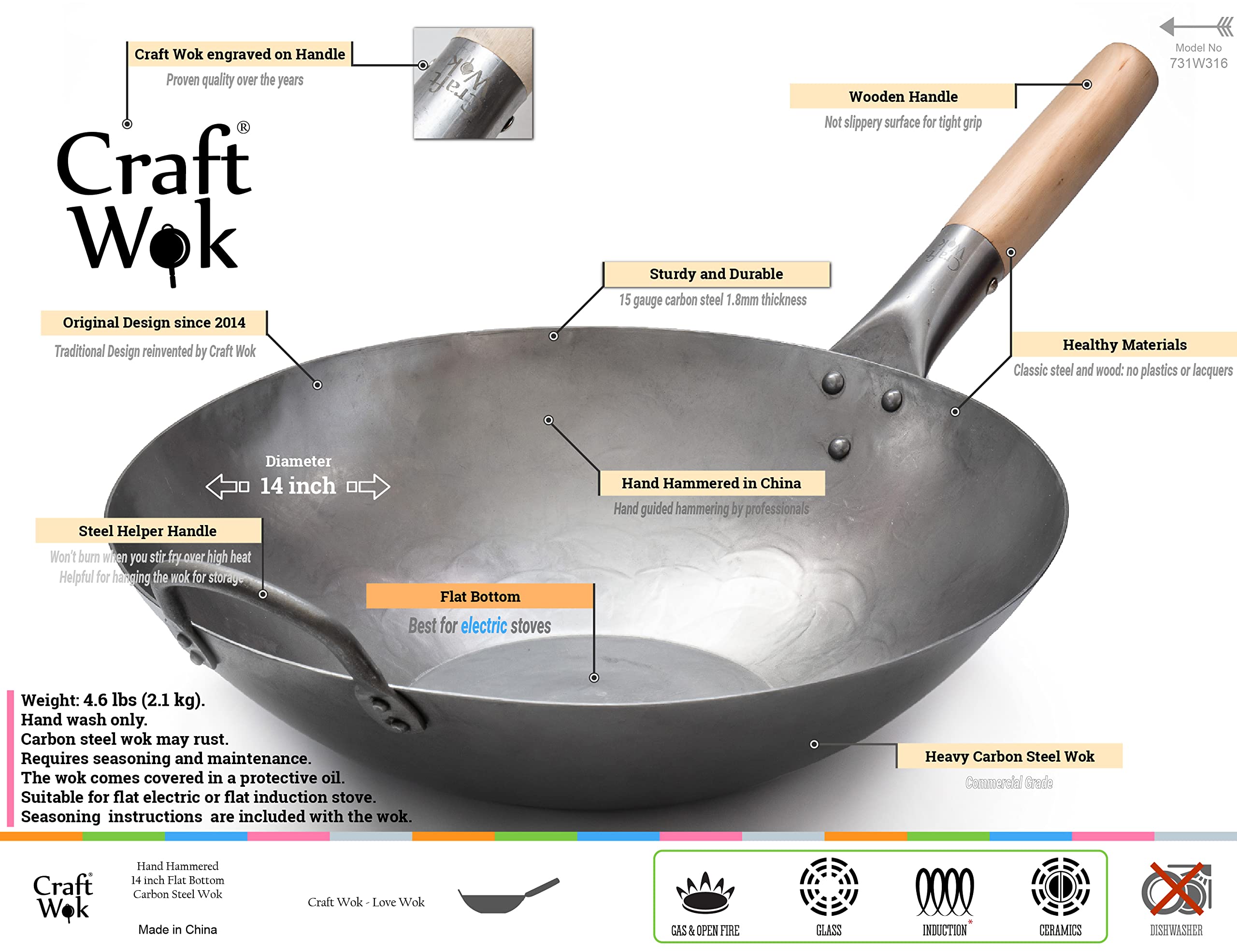 Craft Wok con martilleado artesanal, base plana para calentamiento uniforme.