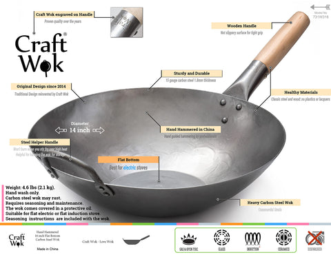 Craft Wok con martilleado artesanal, base plana para calentamiento uniforme.