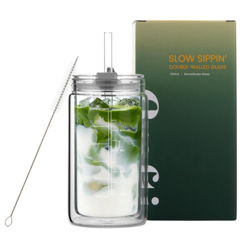 Crafti Slow Sippin, vaso de vidrio de doble pared con tapa, mantiene bebidas a temperatura.