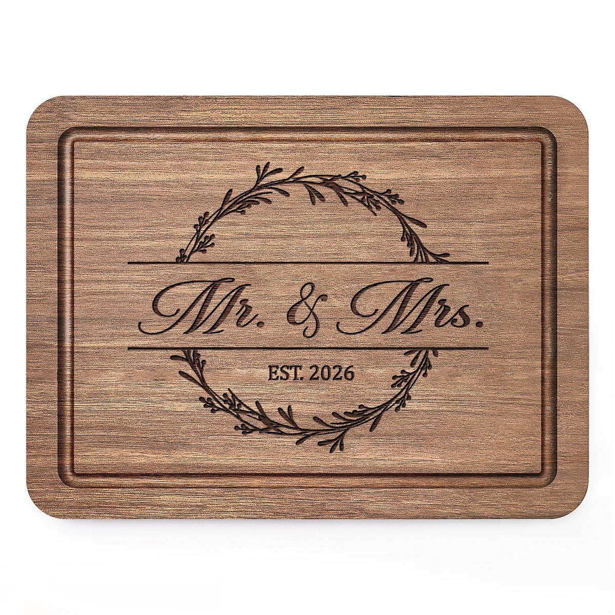 Craftique tabla de corte nogal grabada Sr y Sra EST 2026, regalo memorable para bodas.