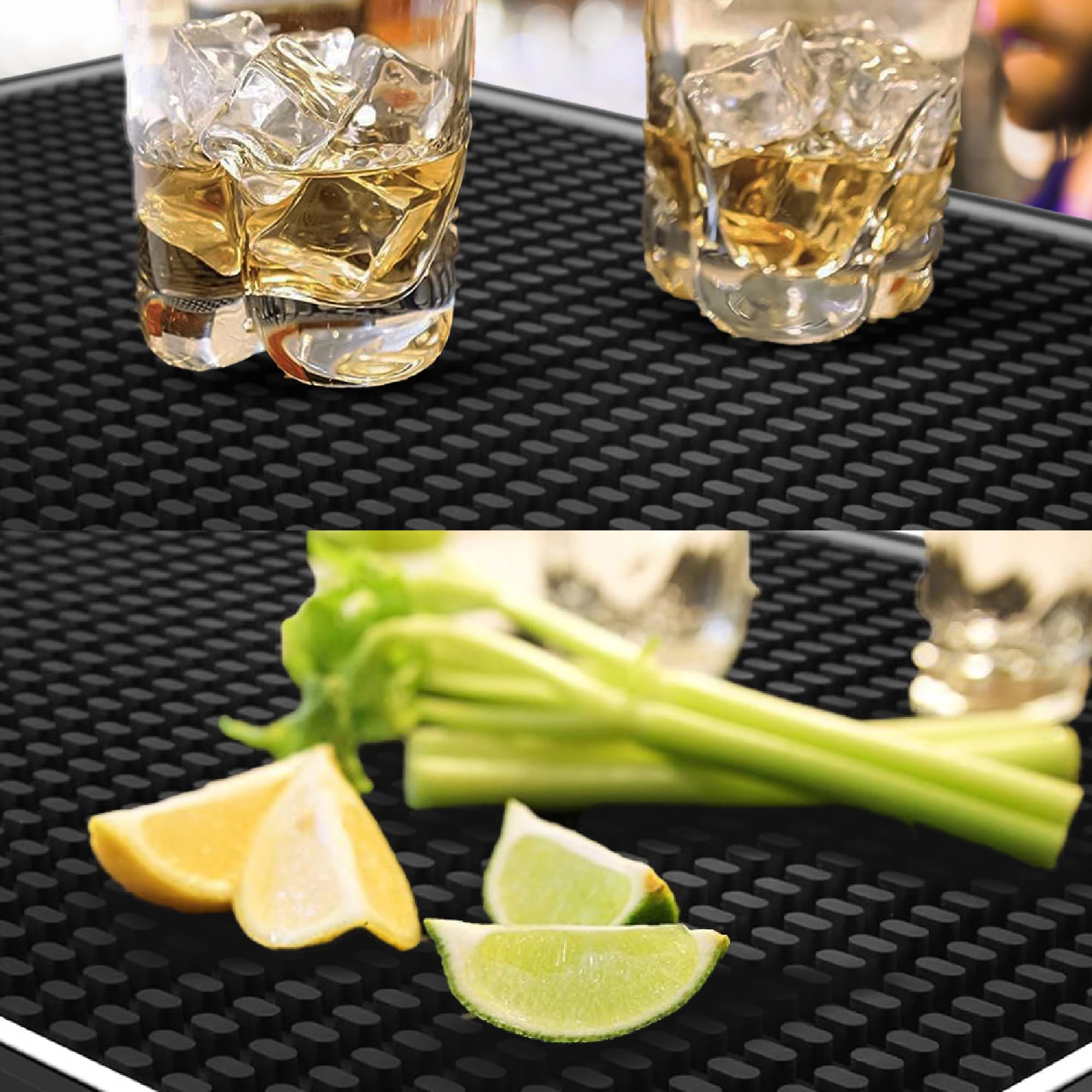CRAFTY MIXOLOGIST alfombrilla de barra 18x12: diseño negro elegante para barra doméstica.