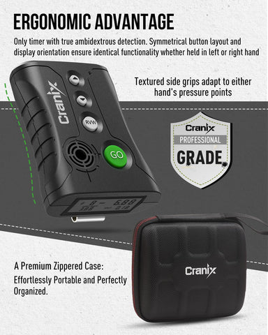 Cranix temporizador ambidiestro con botones empotrados para movimientos rápidos.