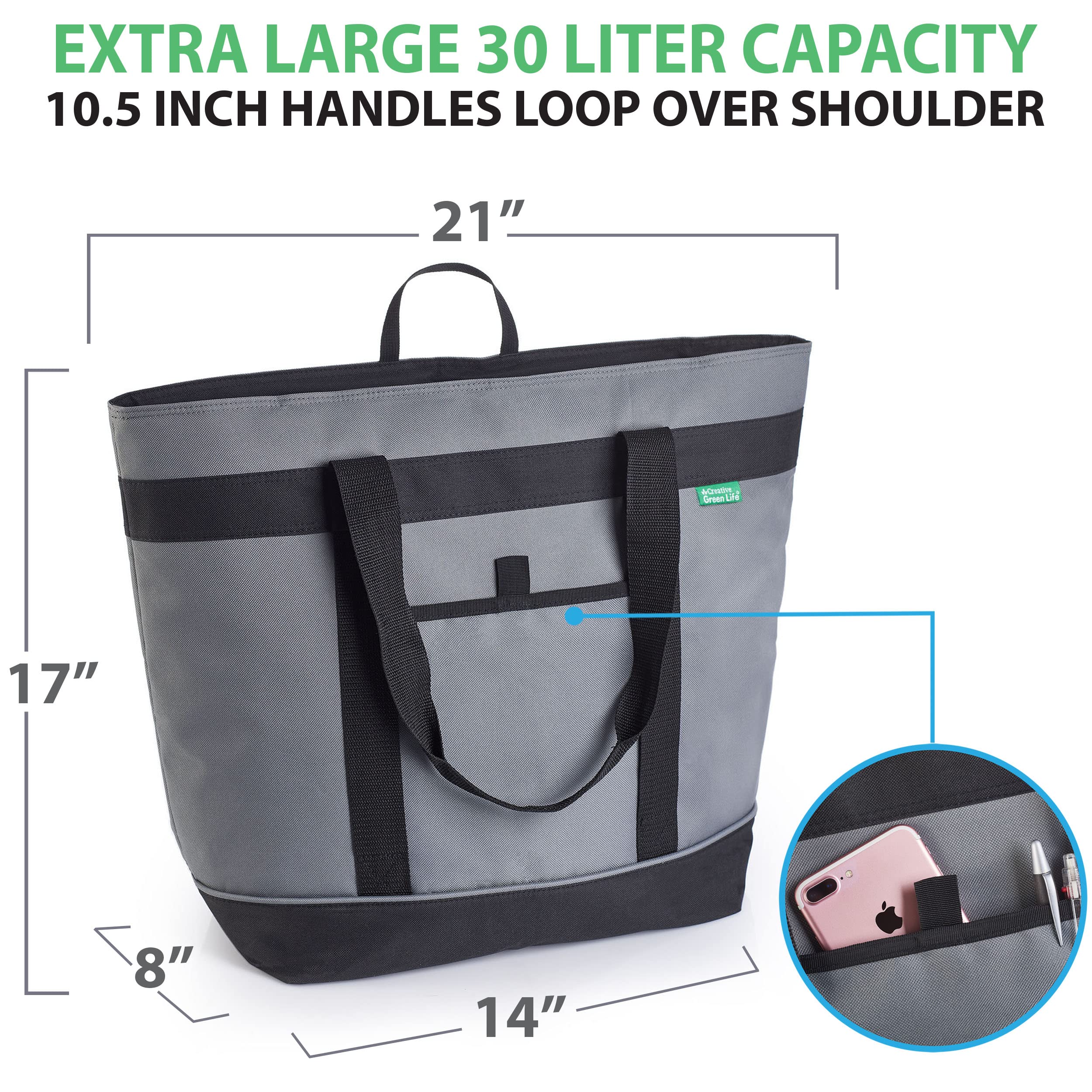 Creative Green Life gran bolsa aislada gris, capacidad para 30 latas ideal para picnic o playa