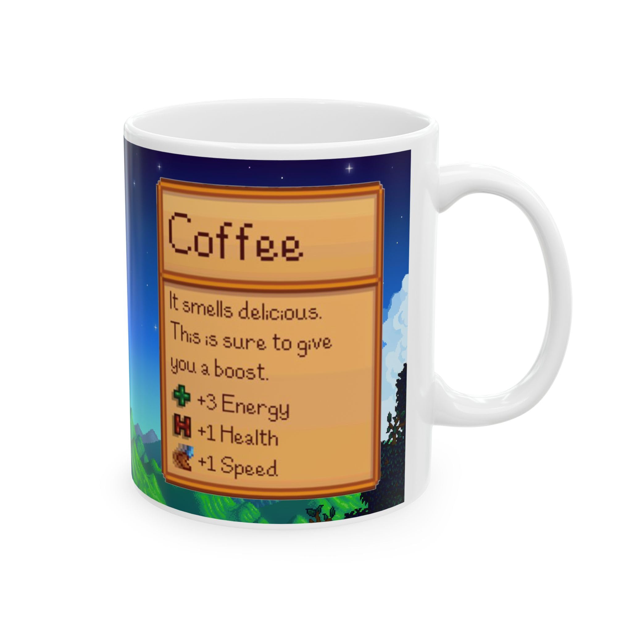 Taza Creator's Cove Stardew Valley, detalle de diseño vibrante, impresión de alta calidad.