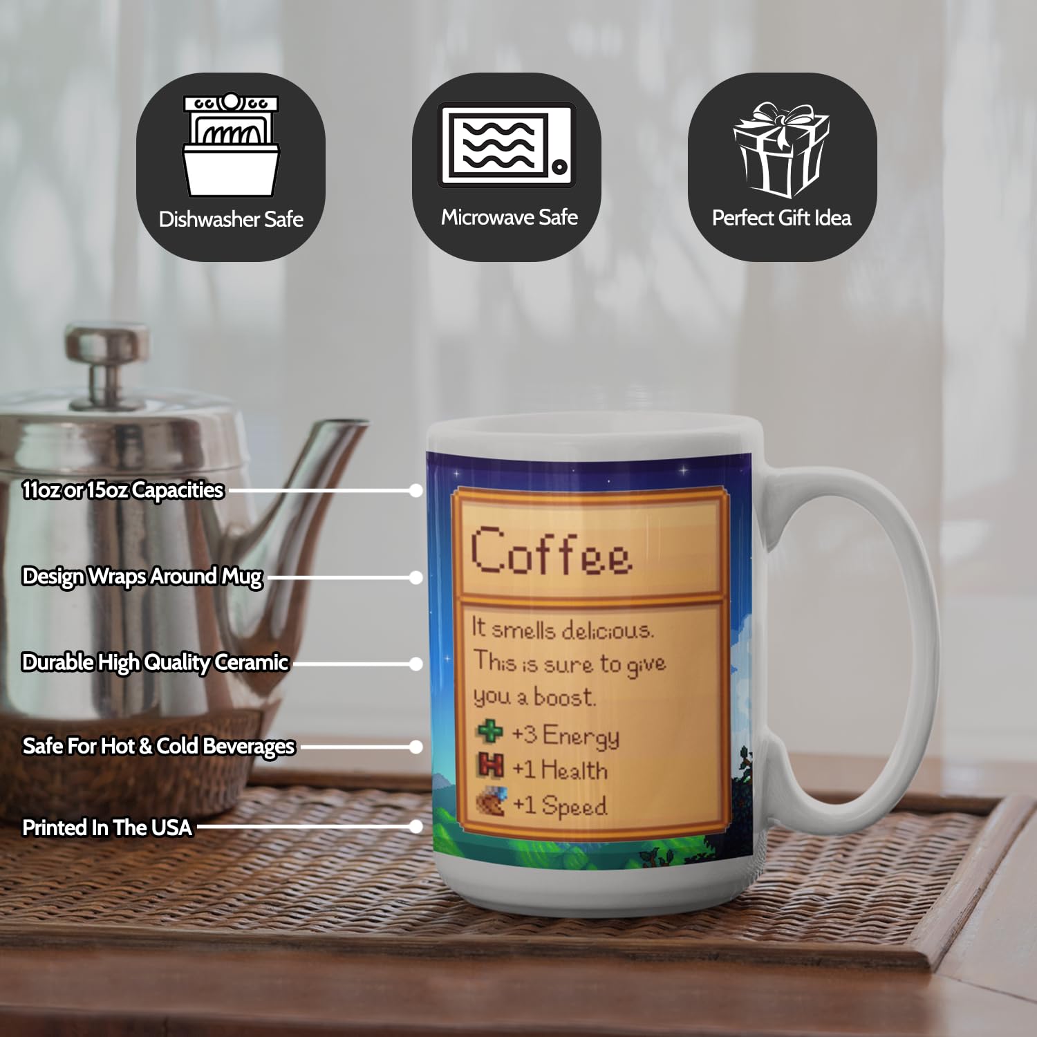 Taza Creator's Cove Stardew Valley, interior blanco y recubrimiento cerámico duradero.