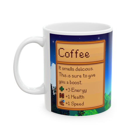 Taza Creator's Cove Stardew Valley, vista frontal, perfecta para empezar el día con café.